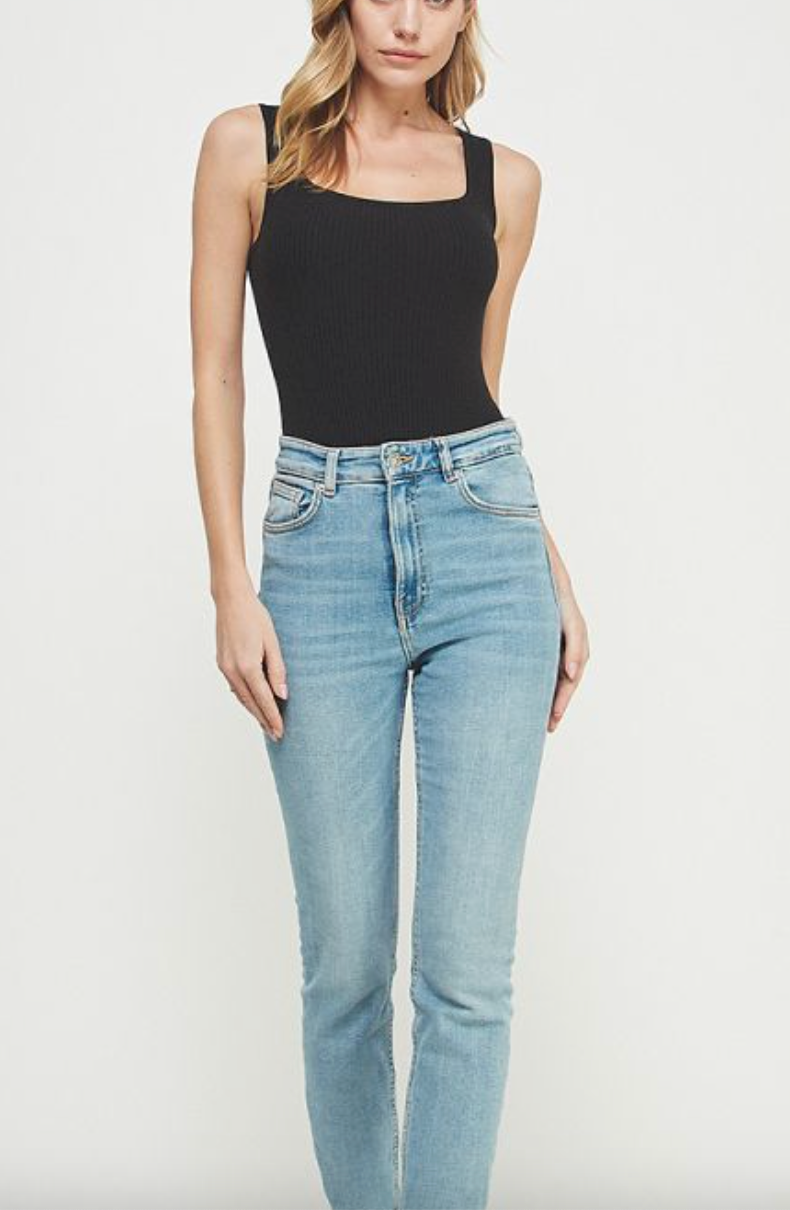 Black Square Neck Ribbed Fine Gauge Tank Bodysuit