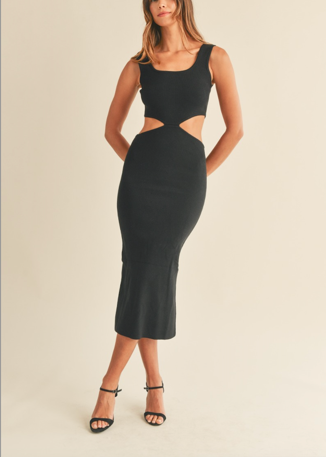 Black Knit Cut Out Midi Dress