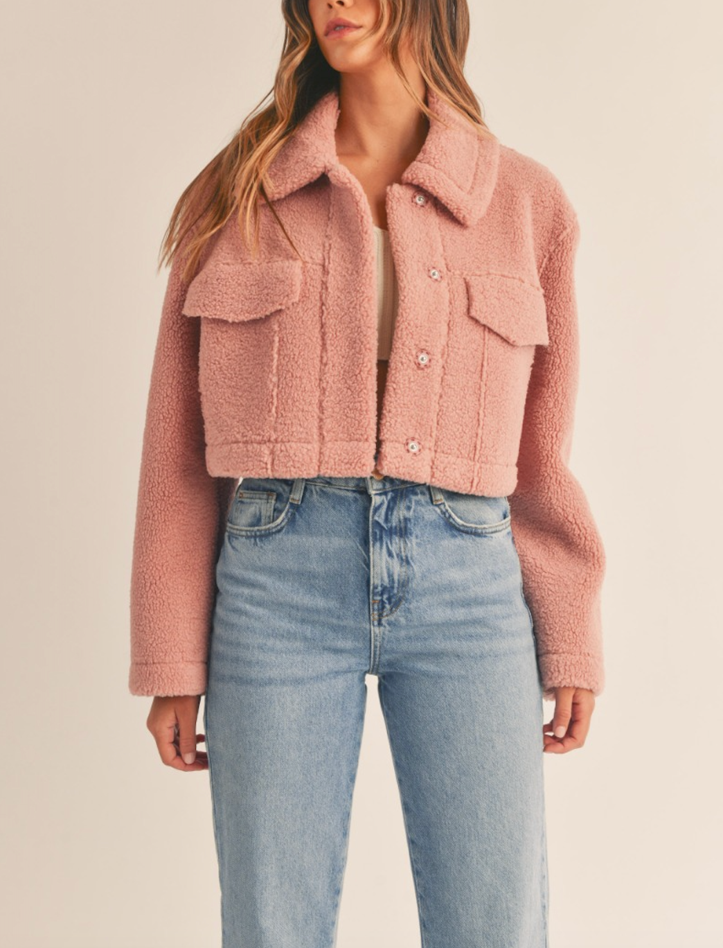 Dusty Rose Faux Fur Sheared Crop Jacket