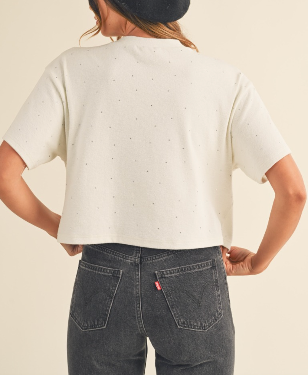 Creamy Rhinestone Crop T shirt