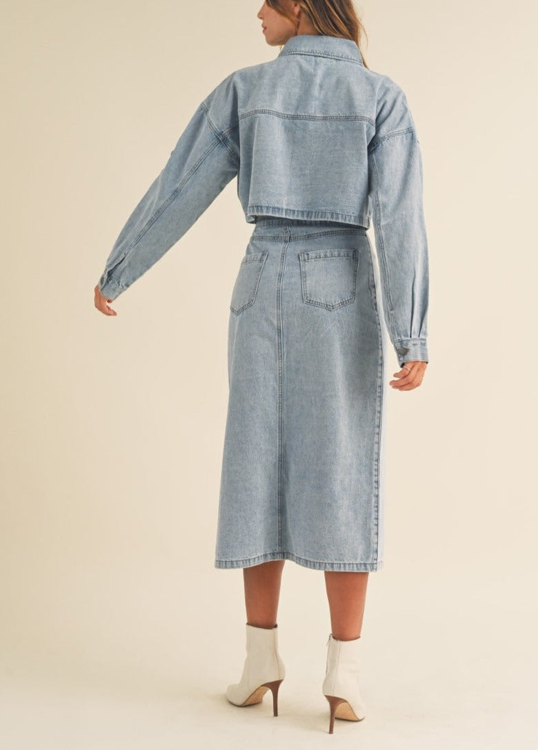 Denim Crop Jacket and Midi Skirt Set