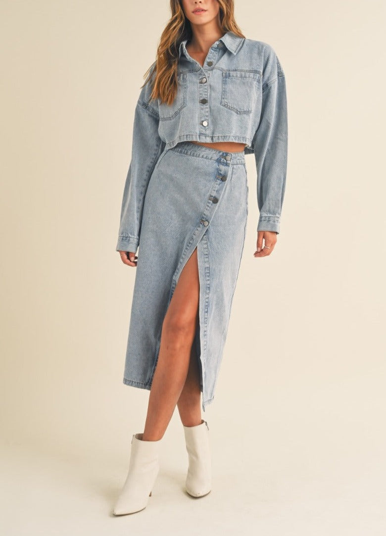 Denim Crop Jacket and Midi Skirt Set