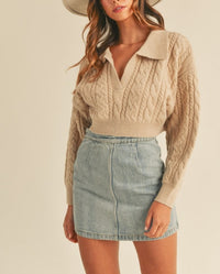 Taupe Collared Cable Knit Sweater