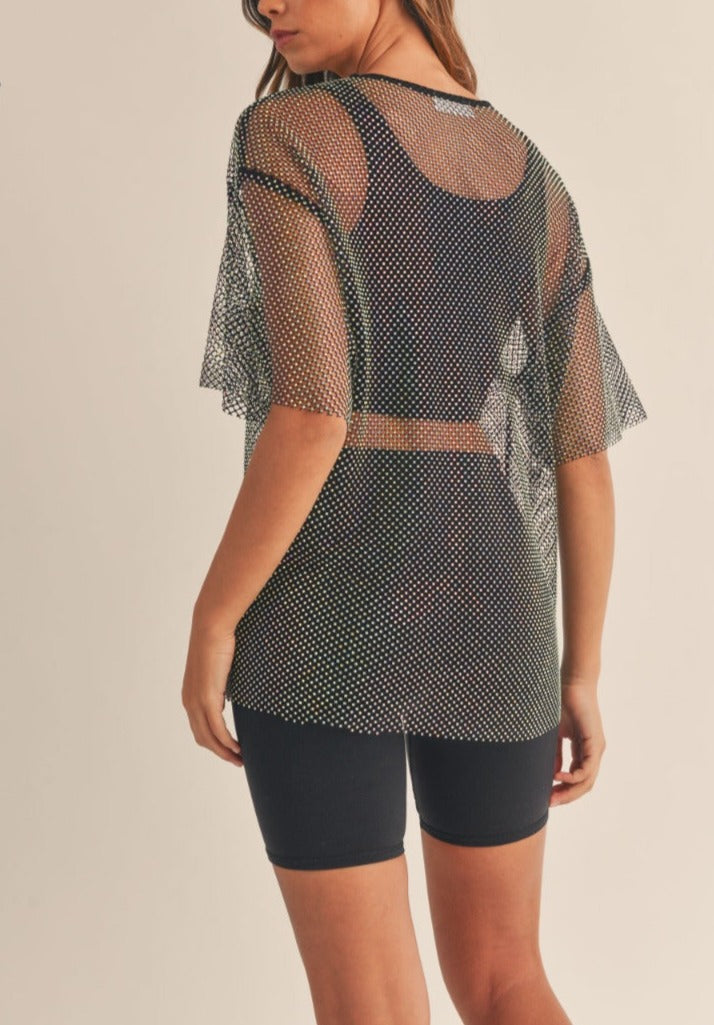 Black Rhinestone Net Oversized Top